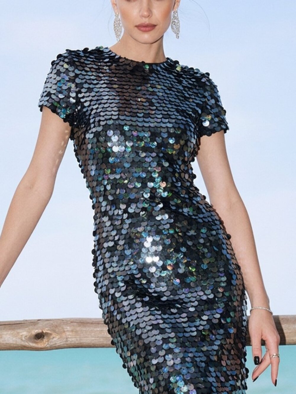 A.J. Bari Vintage 80's Black Sequin Short Sleeve Dress, S
